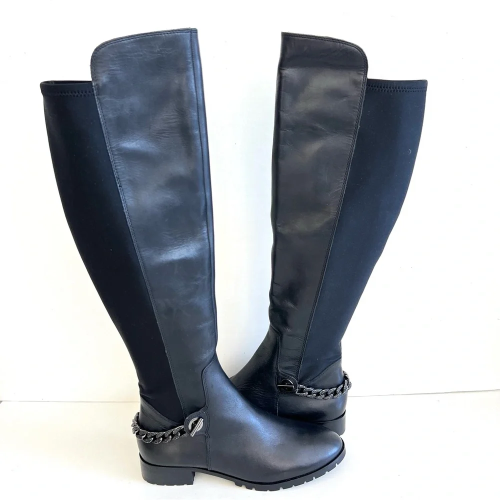KARL LAGERFELD Paris Shay Leather Textile Chain Over-The-Knee Boots Sz 8 M NWOB
